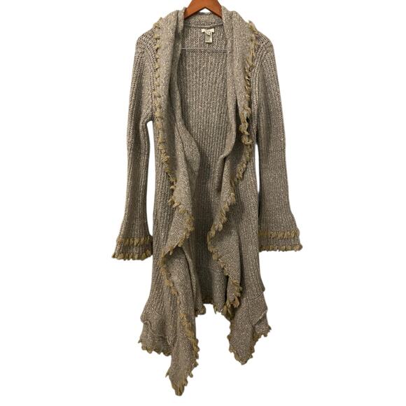 Escio Anthropologie Long Cardigan Sweater Medium Wool Blend Ruffle Fringe Boho - Picture 3 of 10